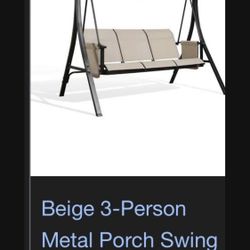 3-Person Beige Metal Outdoor Patio Swing Chair with Canopy