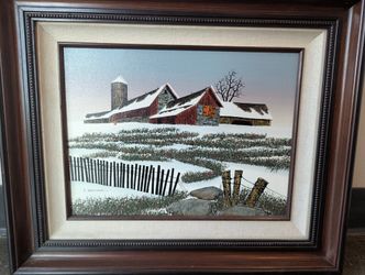 Rustic Framed Winter Barn Scene Painting