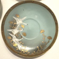 Antique Nippon Tea Cup Set of 4- Hand Painted Teal/Blue Flying Cranes Swans Gold and Jeweled Border