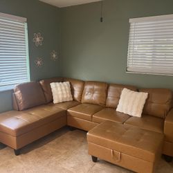 Caramel Leather Sectional Couch Set And Ottoman