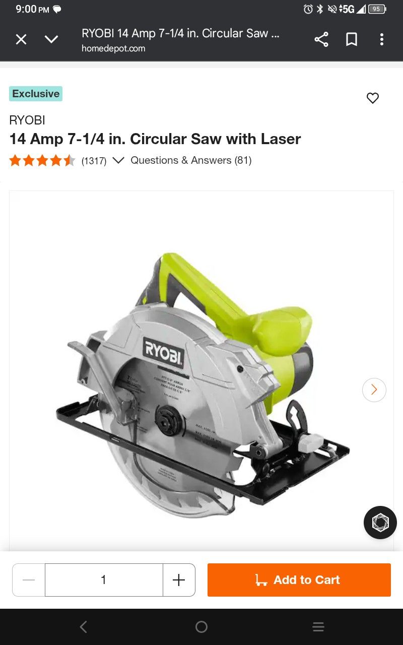 Ryobi 7 1/4 In. Circular Saw With Laser