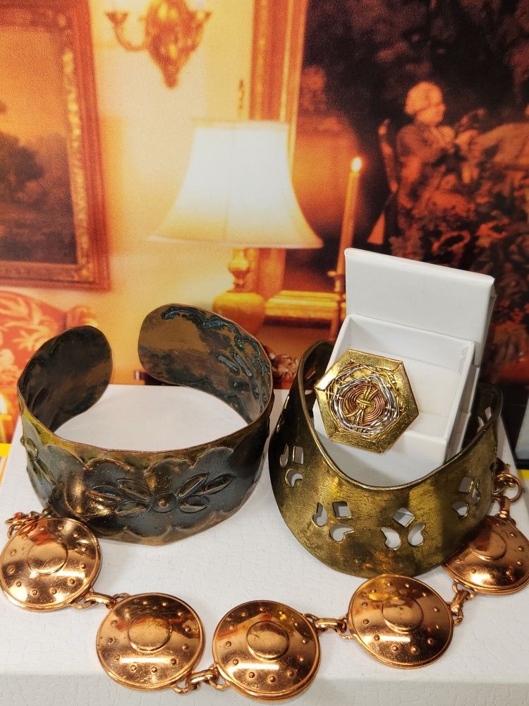 #2167, MID CENTURY, EXQUISITE LOT OF COOPER CUFF AND RING
