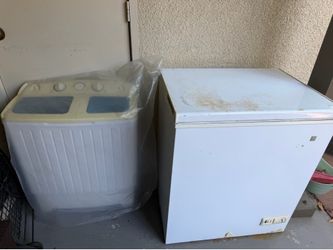 Sofa love seat chair and coffe table small washer machine and a freezer electric biyckel and antique bronze pots