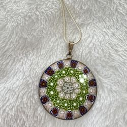 Silver Chain With Vintage Murano Glass Millefiori Pendent 
