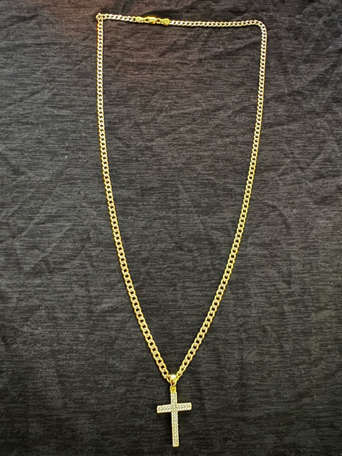 24 inch Sterling.925 Silver In a 14 Karat Gold Over Diamond Cut Cuban Necklace With Moissanite Cross