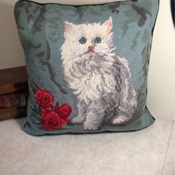 Cat Needlepoint Pillow - Like New!  approx. 13”x13” 