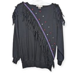 Vintage Donna Toran Black Studded Fringe Shoulder Sweater