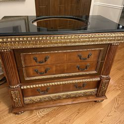 Beautiful Vintage Wood Vanity with Black Granite Top