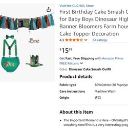 First Birthday Cake Smash Outfit for Baby Boys Dinosaur Highchair Banner Bloomers Farm house Cake Topper Decoration