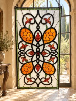 Like NEW Large Large Rectangular Stained Glass Window Panel – Amber Orange Floral & Scrollwork Design with Hanging Chain