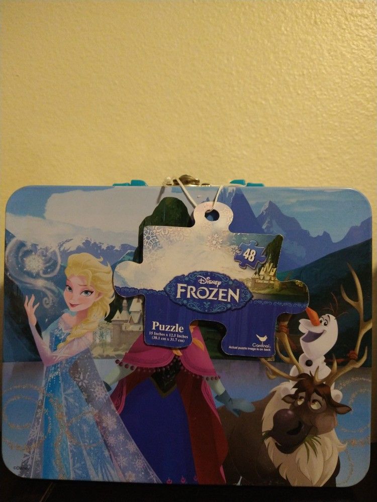 Disney Frozen Tin Lunch Box w/ Puzzle Elsa, Anna, & Olaf