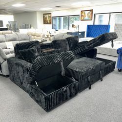 🥰 Brand New Black Corduroy U-Shaped Comfy Sectional Sofa/Couch with Pull-Out Sleeper Bed, Storage Ottoman & Chaise Storage | Pay After Delivery 🚚