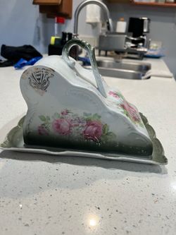 Antique Germany Porcelain Slant Top Cheese / Butter Dish with Tray
