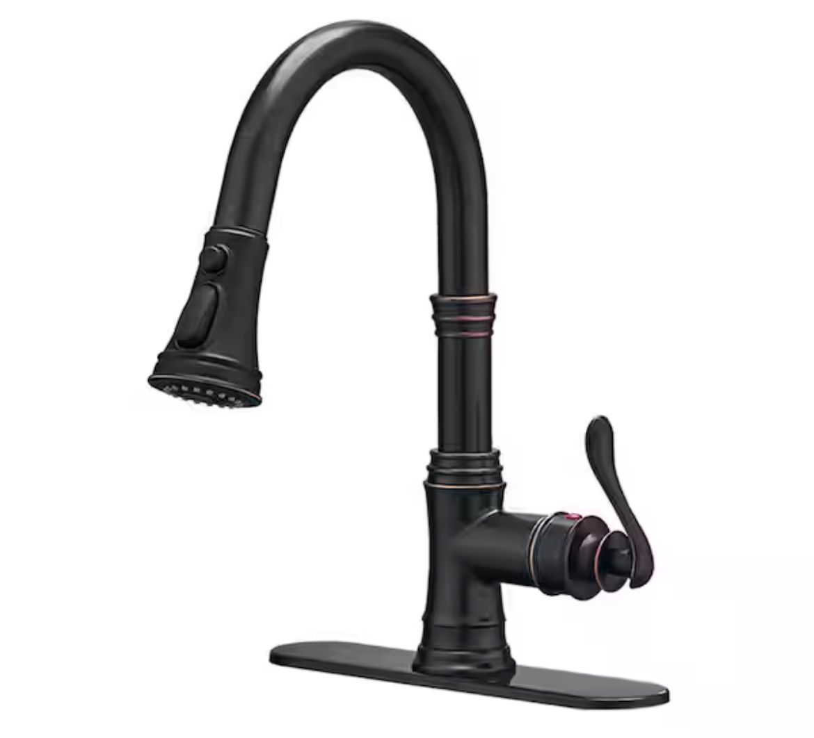 BWE Single Handle Pull Down Sprayer 3 Spray High Arc Kitchen Faucet With Deck Plate in Oil Rubbed Bronze
