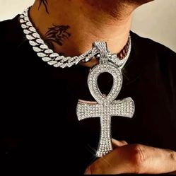 3-Pcs Iced Out 14K White Gold-Plated Cubic Zirconia Ankh Cross Pendant W/20"-24"Cuban Chain Necklace & Bracelet Set 