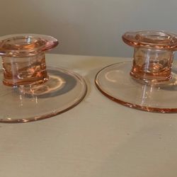 Vintage pink Depression Glass Candle Holders Pair Set of 2 Antique