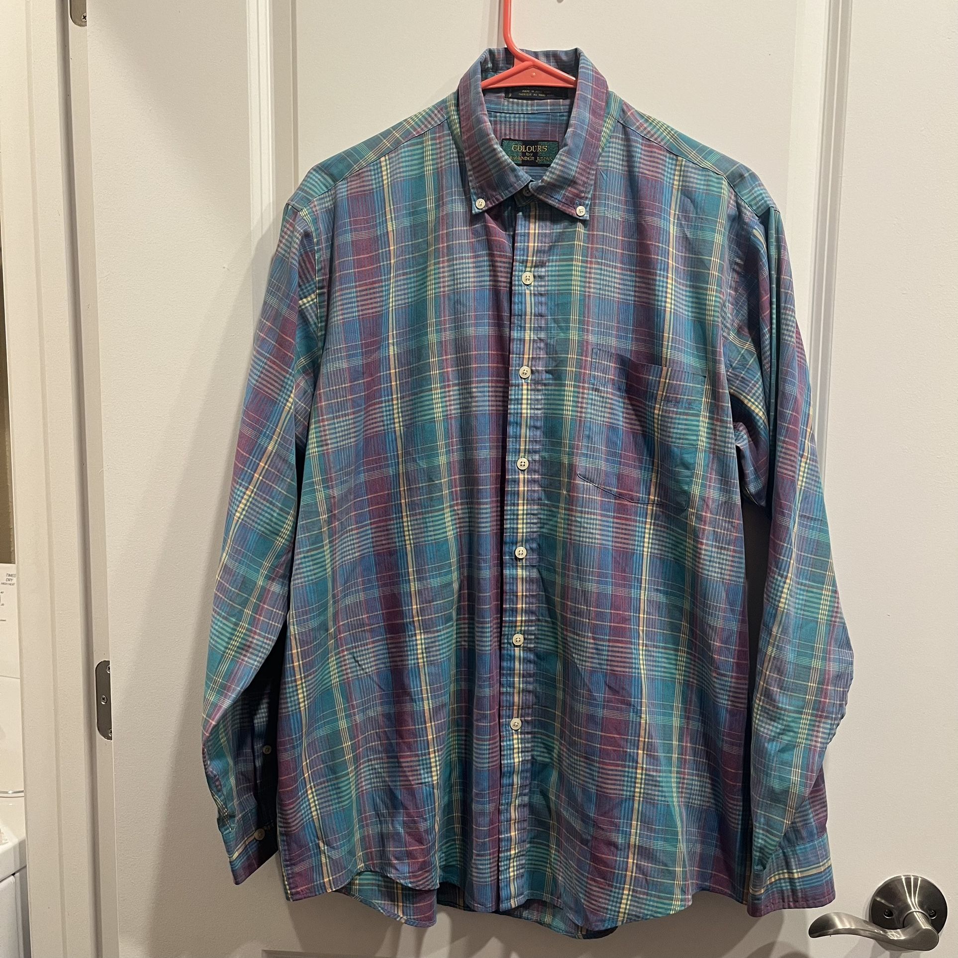 Vtg Colours By Alexander Julian Shirt Mens Large Blue Purple Plaid Button Down.