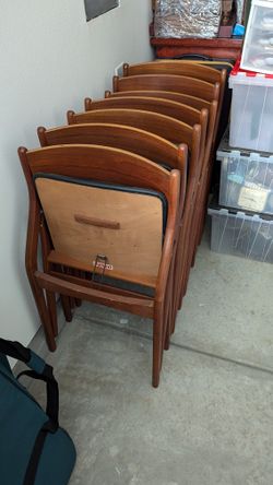 Set Of 7 Dyrlund Danish Teak Folding Dining Chairs 1960