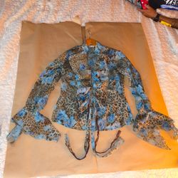 Women's Vintage Y2K fairy ruffle shirt with blue flowers and leapord print