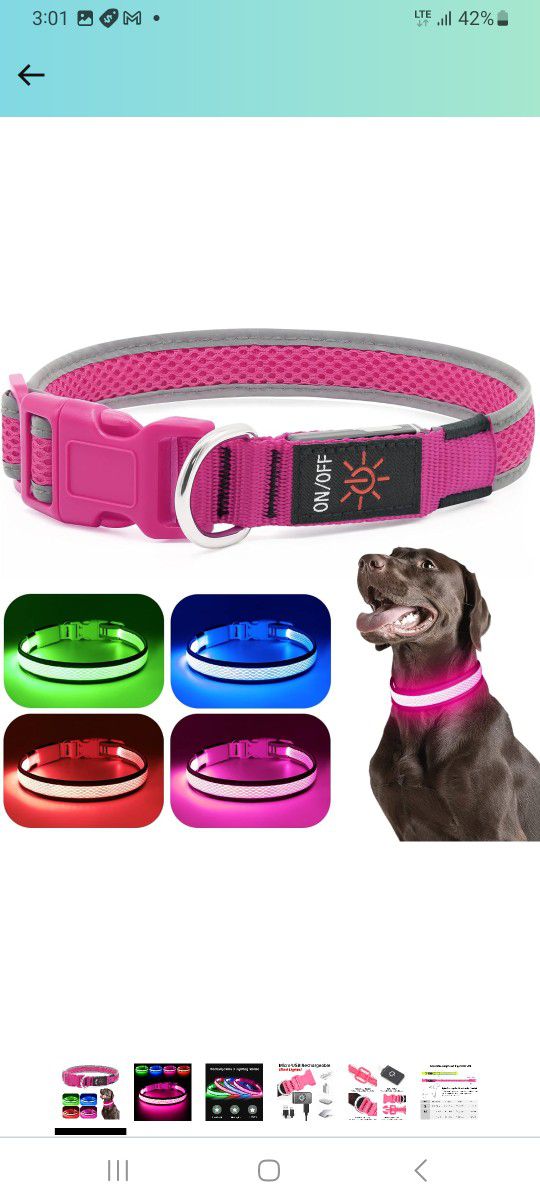 LED Dog Collar, USB Rechargeable Lights Adjustable Comfortable Soft Mesh Safety Collar for Small Medium Large Dogs (M, Pink