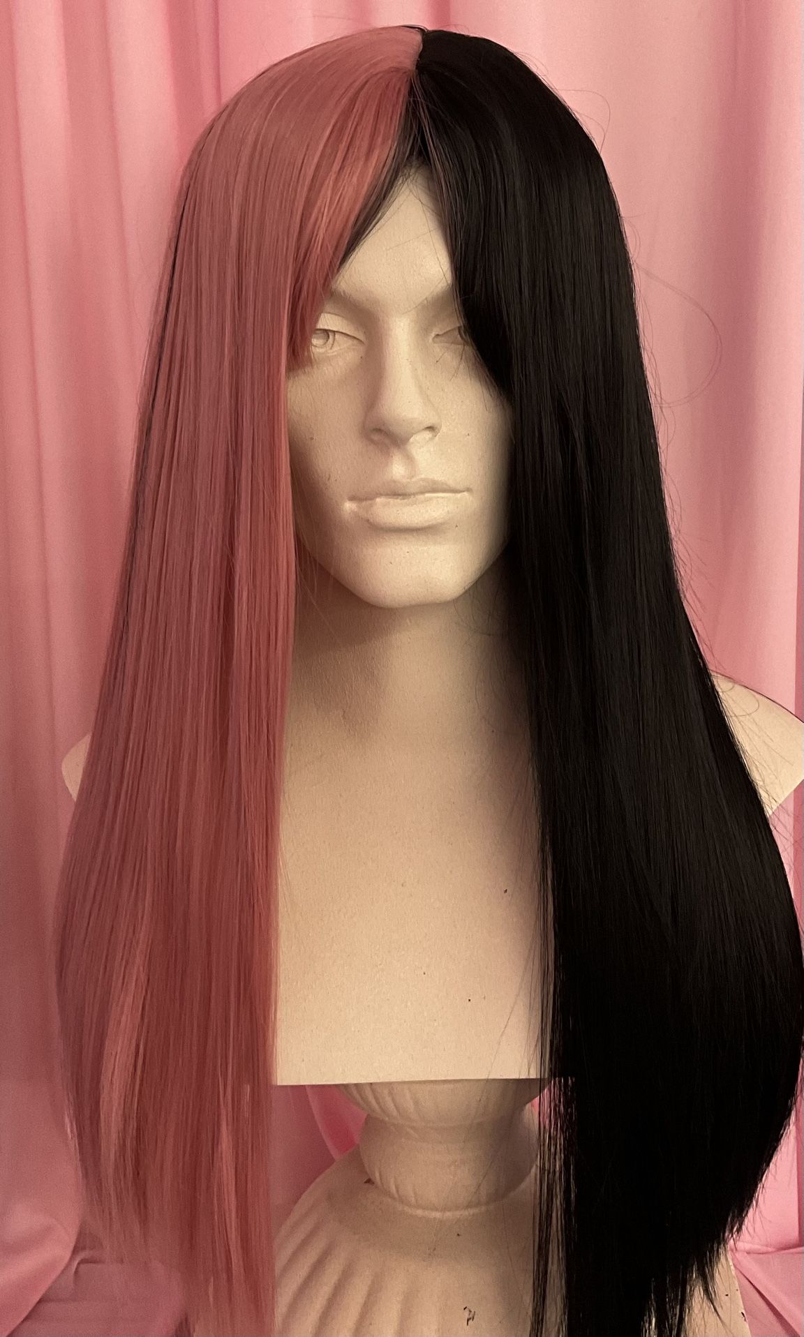Color Split Pink And Black Straight Long Drag Queen Costume Show Wig 