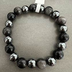 New, Men’s Silver Sheen Obsidian And Hematite Bracelet. Jewelry Bag Included.