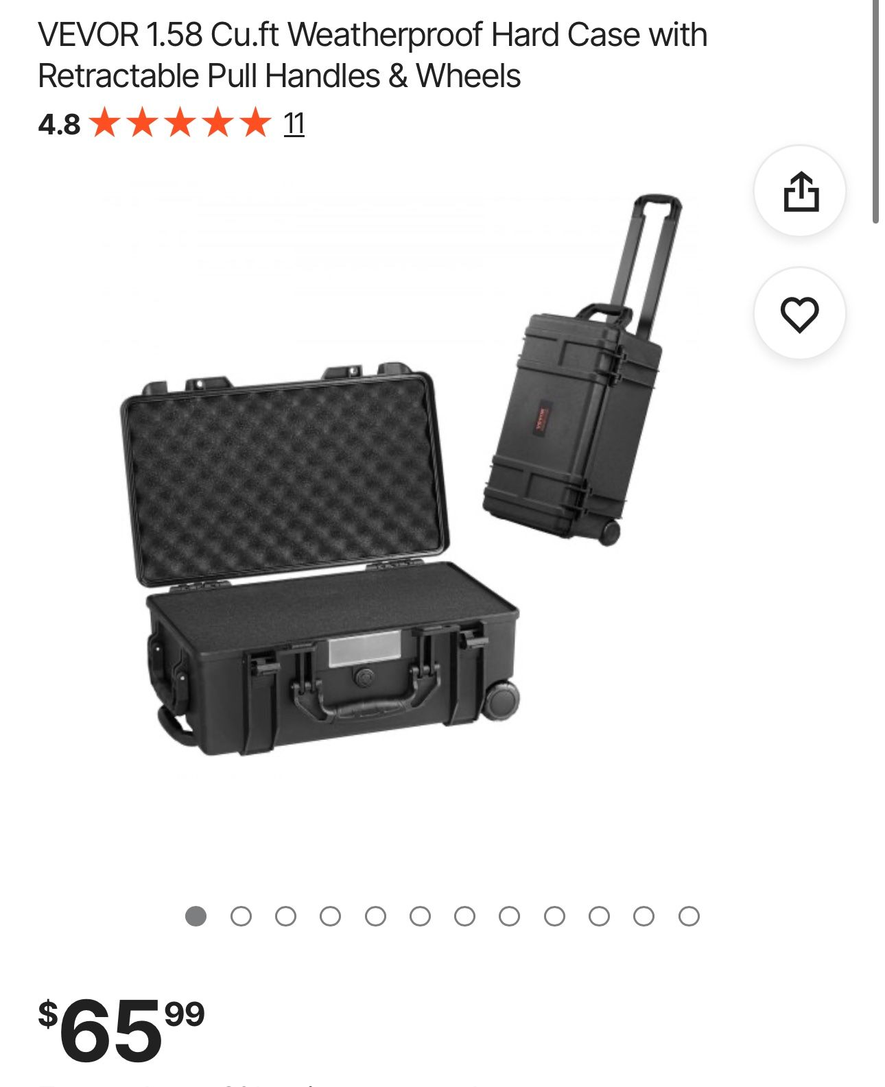 VEVOR 1.58 Cu.ft Weatherproof Hard Case with Retractable Pull Handles & Wheels