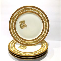Antique French Limoges Raised Gold Enamel Set of 4 Dinner Plates by W.Guerin 11”. 