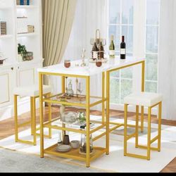 Dining Table Set for 2, Kitchen Island with Seating Bar Table Set with Storage, Faux Mable Kitchen Table and Chairs Set with 2 Stools for Small Space,