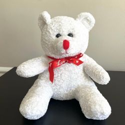 White Teddy Bear Plush Stuffed Animal Red Ribbon Bow 9in Valentines Love Heart