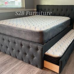 Full Twin Grey Frenchi Trundle Bed With Ortho Mattresses Included 