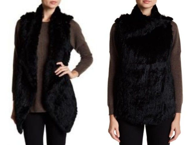 CATHERINE MALANDRINO Long Drape Genuine Rabbit Fur 2-Way Vest Black Women's Med.