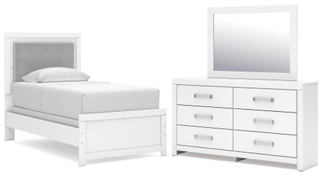 Maeling White Twin Upholstered Panel Bed, Dresser and Mirror