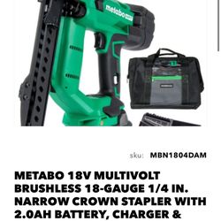 METABO 18V MULTIVOLT BRUSHLESS 18-GAUGE 1/4 IN. NARROW CROWN STAPLER WITH 2.0AH BATTERY, CHARGER & BAG N1804DAM