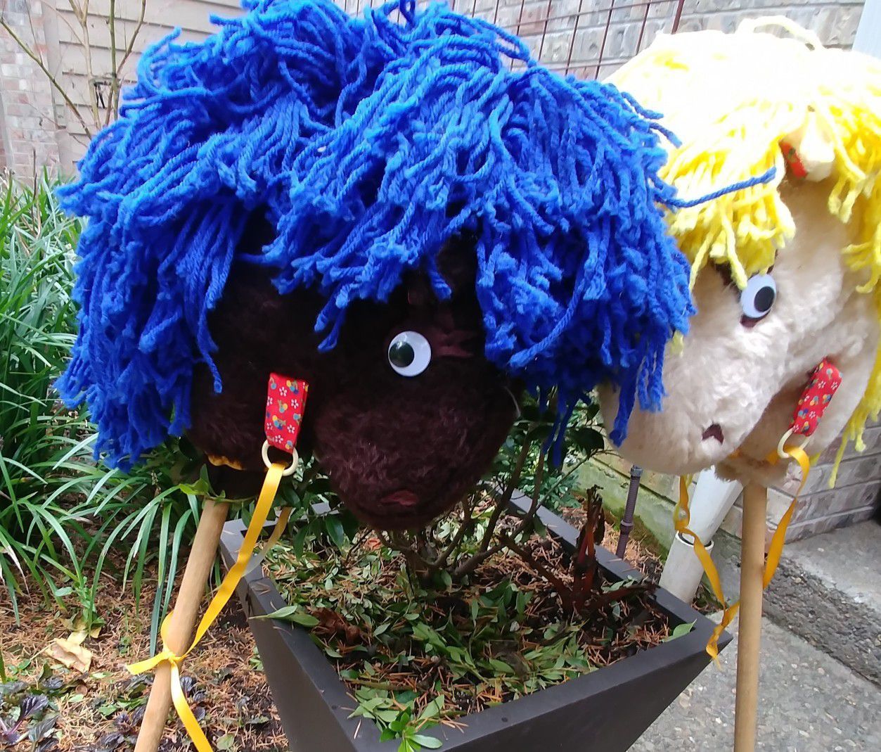 2 Colorful play ponies 41" tall, blue and yellow