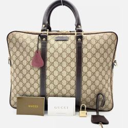 G U C C I  Supreme Beige PVC Leather Business Laptop Bag Used