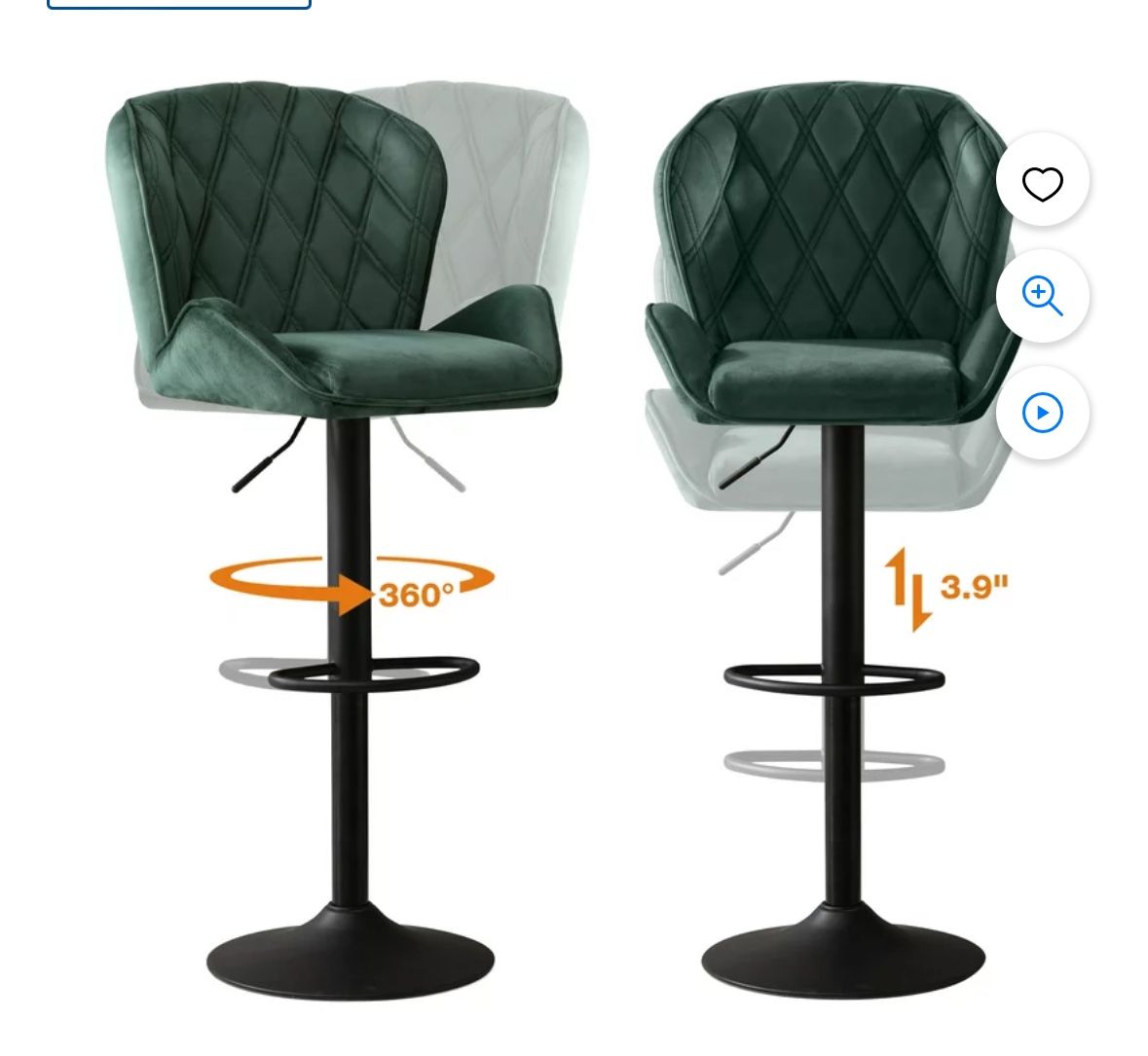 JONPONY Bar Stools Set of 2, Back and Armrest,Velvet Elegant Modern Bar Chairs for Home and Kitchen