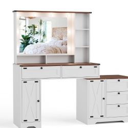 New Large Makeup Vanity Desk with Side Table, Lighted Mirror Lots of Spacious Storage