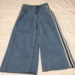 A-lab Wide-Leg Blue Denim Jeans Striped Embroidered Light Wash