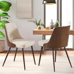 Dining Chairs Set of 2, Modern PU Leather Armless Kitchen Chair, Mid-Century Walnut Style Side Chair with Bentwood Back and Metal Legs for Kitchen Din