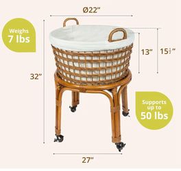 Rolling Wicker Laundry Hamper with Liner Locking Wheels, Honey Brown