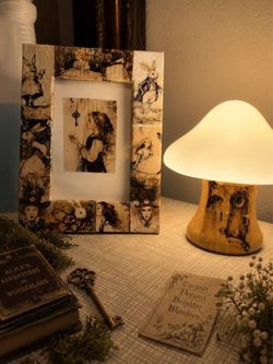 Alice in Wonderland Decoupage Photo Frame and Mushroom Lamp Set