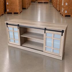 New In Box TV Entertainment Center Stand Barn Door Cabinet With Adjustable Shelf Fits Up To 65” Television Grayish Oak Color 