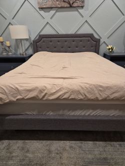 Queen Gray Upholstered Bed Frame with Tufted Headboard
