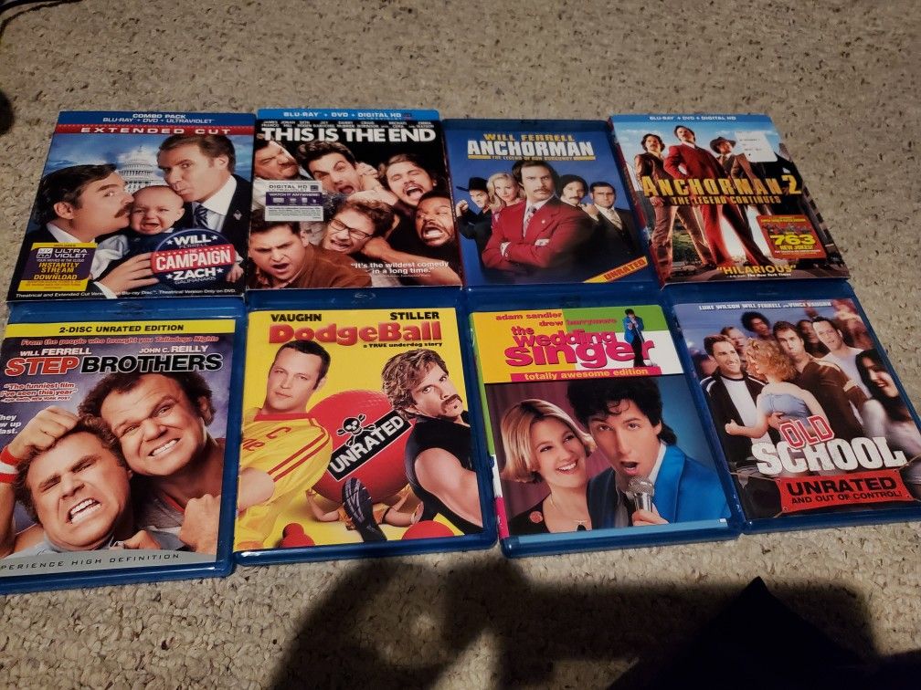 Comedy Blu Ray Bundle:Anchorman 1 + 2, The Campaign, This is the End, Step Brothers, Dodgeball, The Wedding Singer, Old School