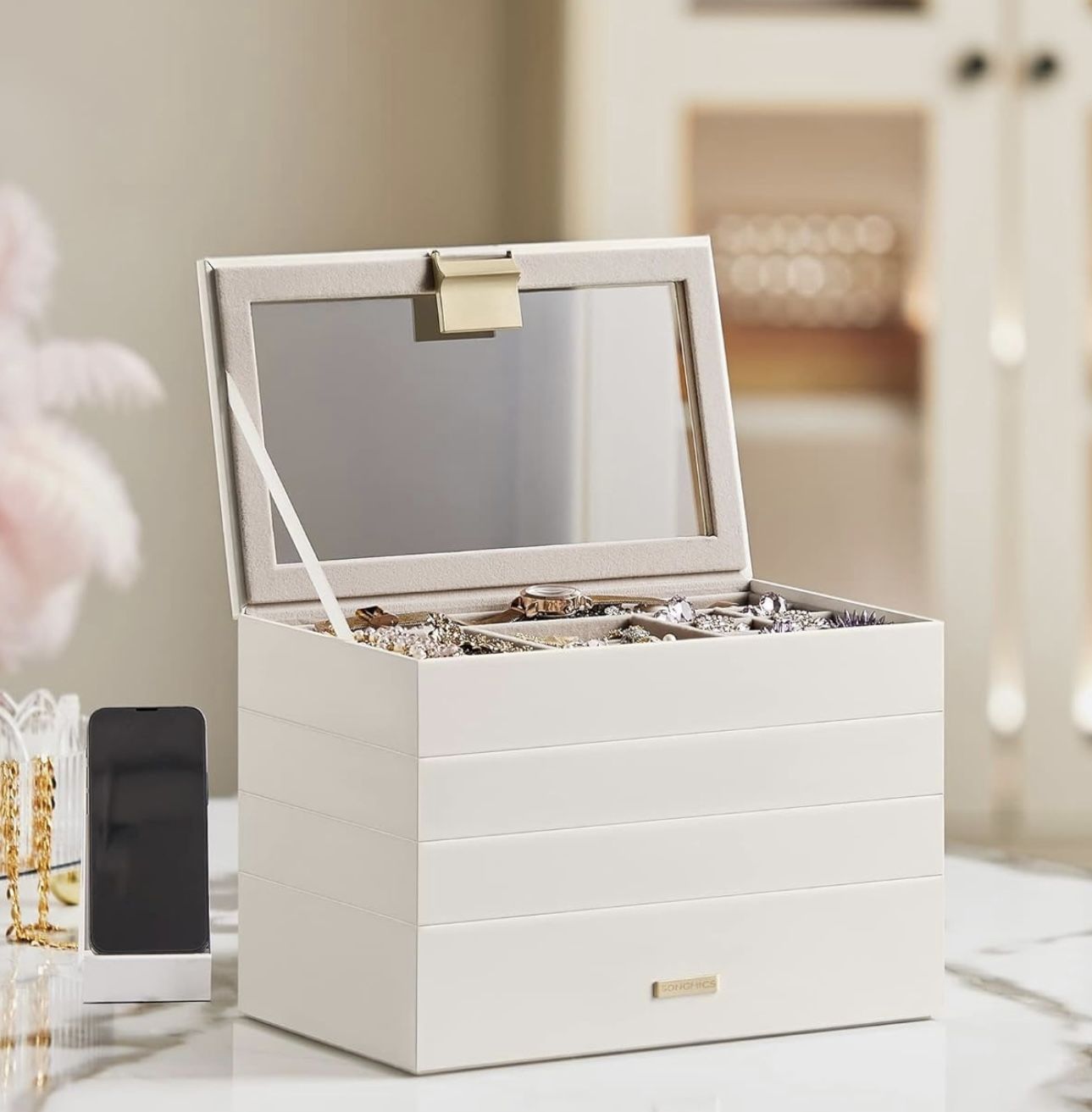 4-Tier Jewelry Tray, Stackable Jewelry Box, Drawer Jewelry Organizer, with Glass Lid, Removable Dividers, for Vanity Table, 6.7 x 11 x 7.2 Inches, Gif