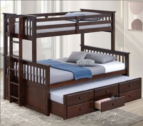 Brand New Espresso Twin over Full Bunk Bed w Trundle Bed + Drawers