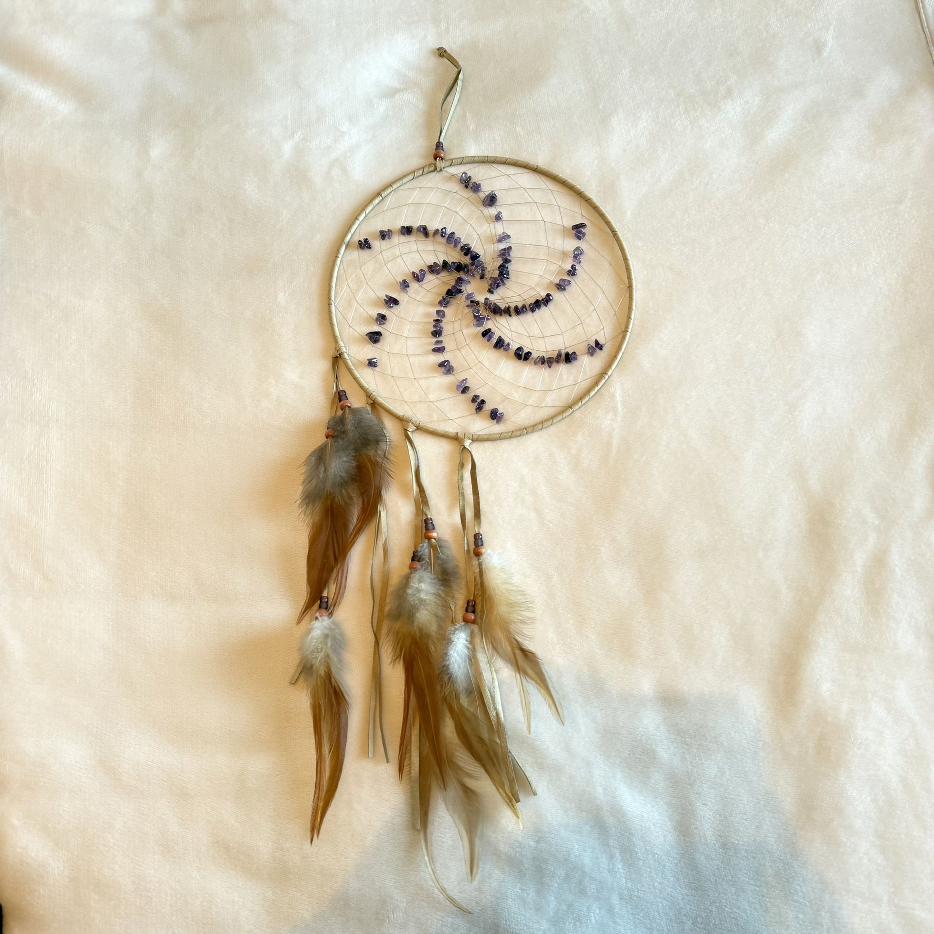 Feather Spiral Dream Catcher Amethyst Stone Wall Hanging 26" Long