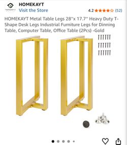 Metal Table Legs 28’’x 17.7’’ Heavy Duty T-Shape Desk Legs Industrial Furniture Legs for Dinning Table, Computer Table, Office Table (2Pcs) -Gold