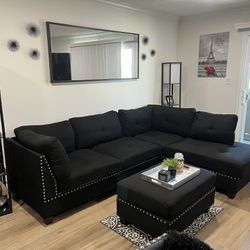 Poundex 3 Piece Fabric Sectional Sofa Set with Ottoman in Black- Simi Used